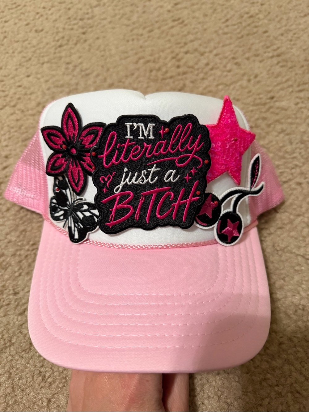 OTTO Pink Embroidered Trucker Hat with Patchwork Slogan